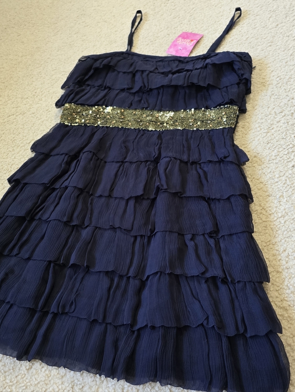 French Connection Navy Ruffle Dress with Gold Sequin Waistband Womens Size 2 XS